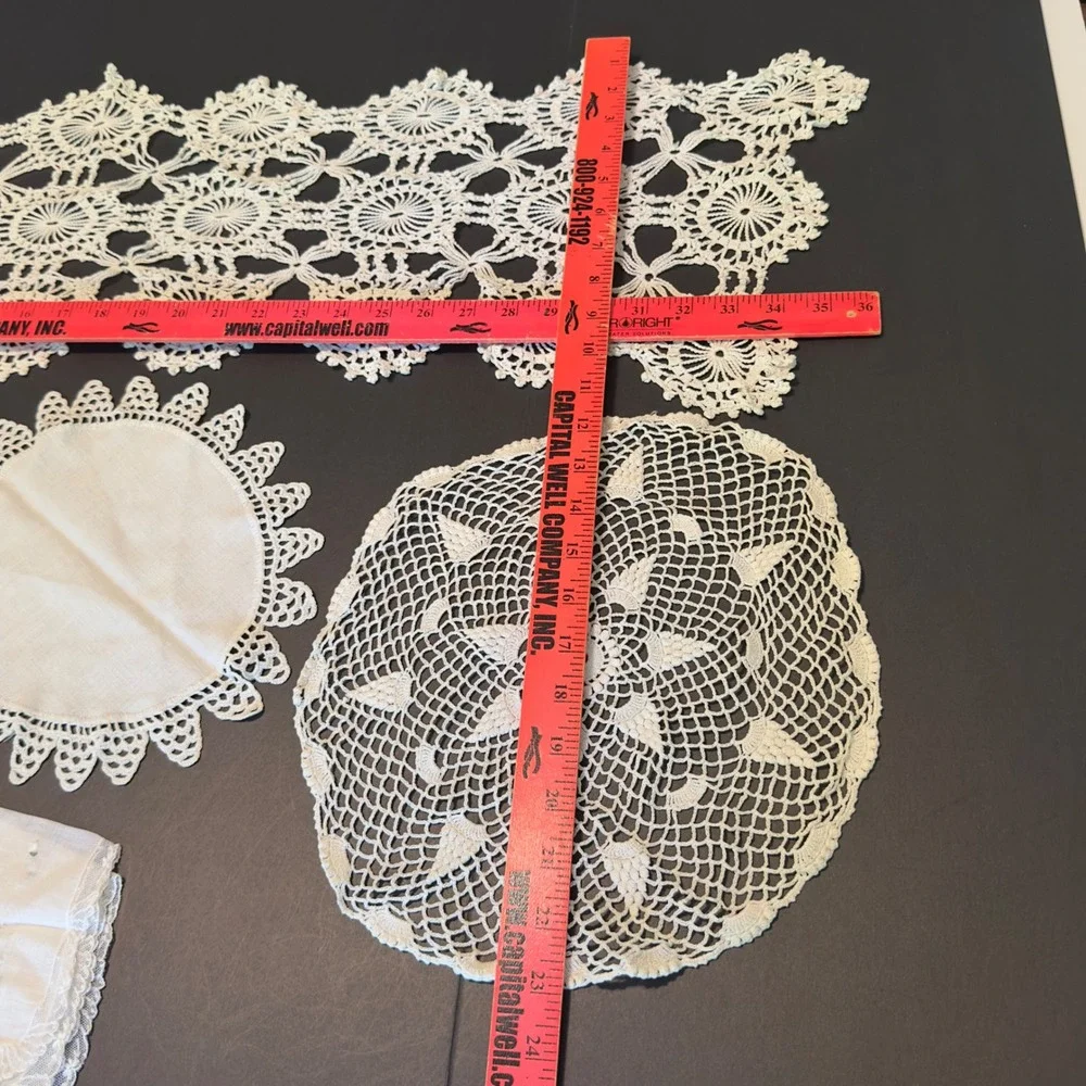 Vintage Crochet Doily Table Runner Handmade Lace 5pc Mixed Set Cottagecore Chic